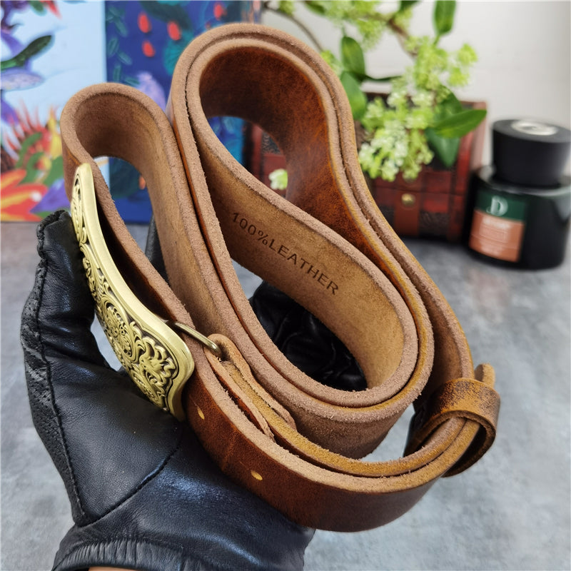 Yellow Brown / 95 cm Luxury Carved Leather Belt for Men - Floral Design - skyjackerz