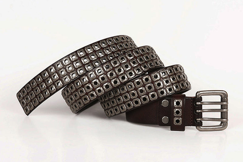 Black / 100 cm Men's Heavy Metal Cowboy Punk Leather Belt - skyjackerz