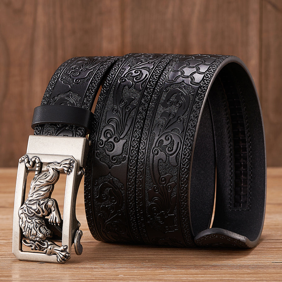 Gold - Coffee / 100 cm Tiger Design Automatic Embossed Leather Belt for Men - skyjackerz