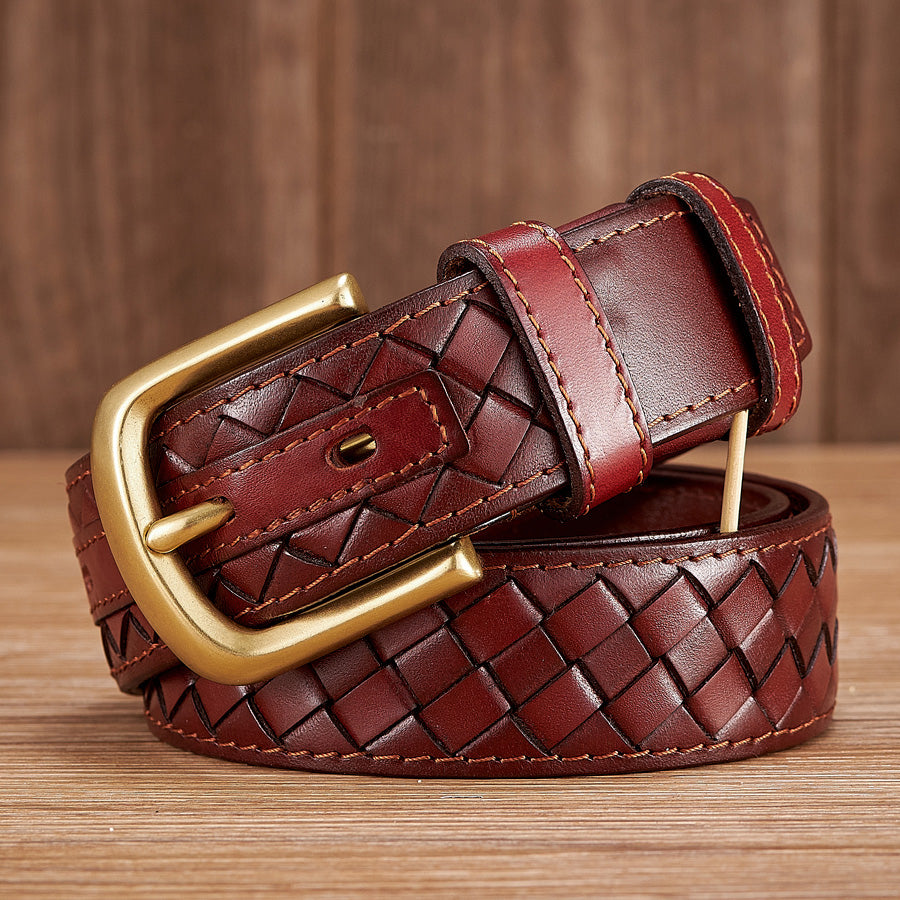 Red Brown / 100 cm Men's Braided Woven Leather Belt - Cowboy Style - skyjackerz