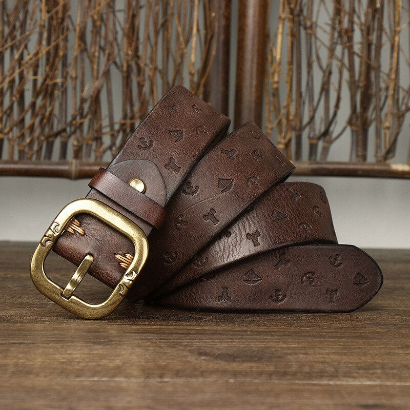 Brown / 105 cm Men's Embossed Designer Genuine Leather Belt - skyjackerz