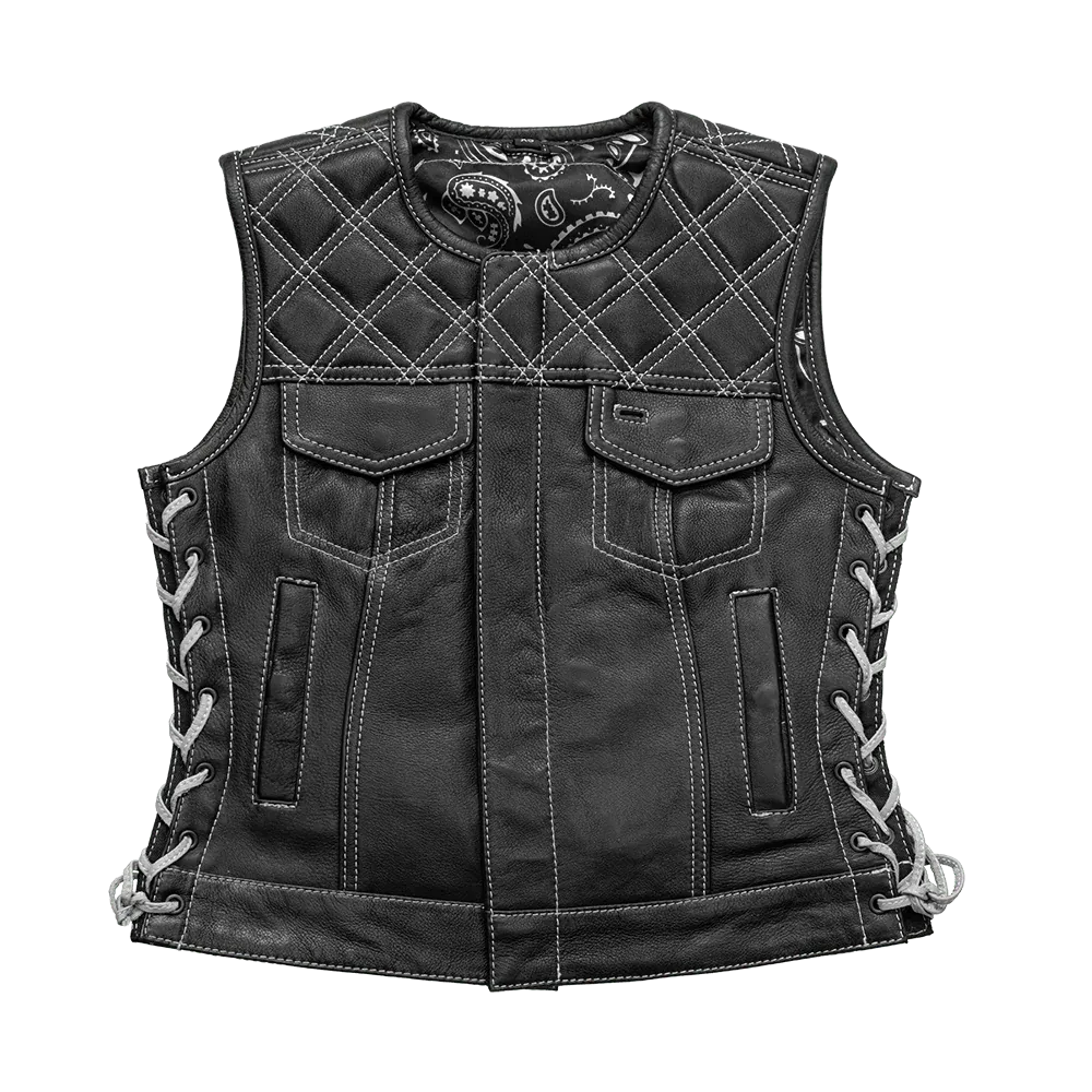 Black - White / X Small Bonnie Women's Club Style Motorcycle Leather Vest - skyjackerz