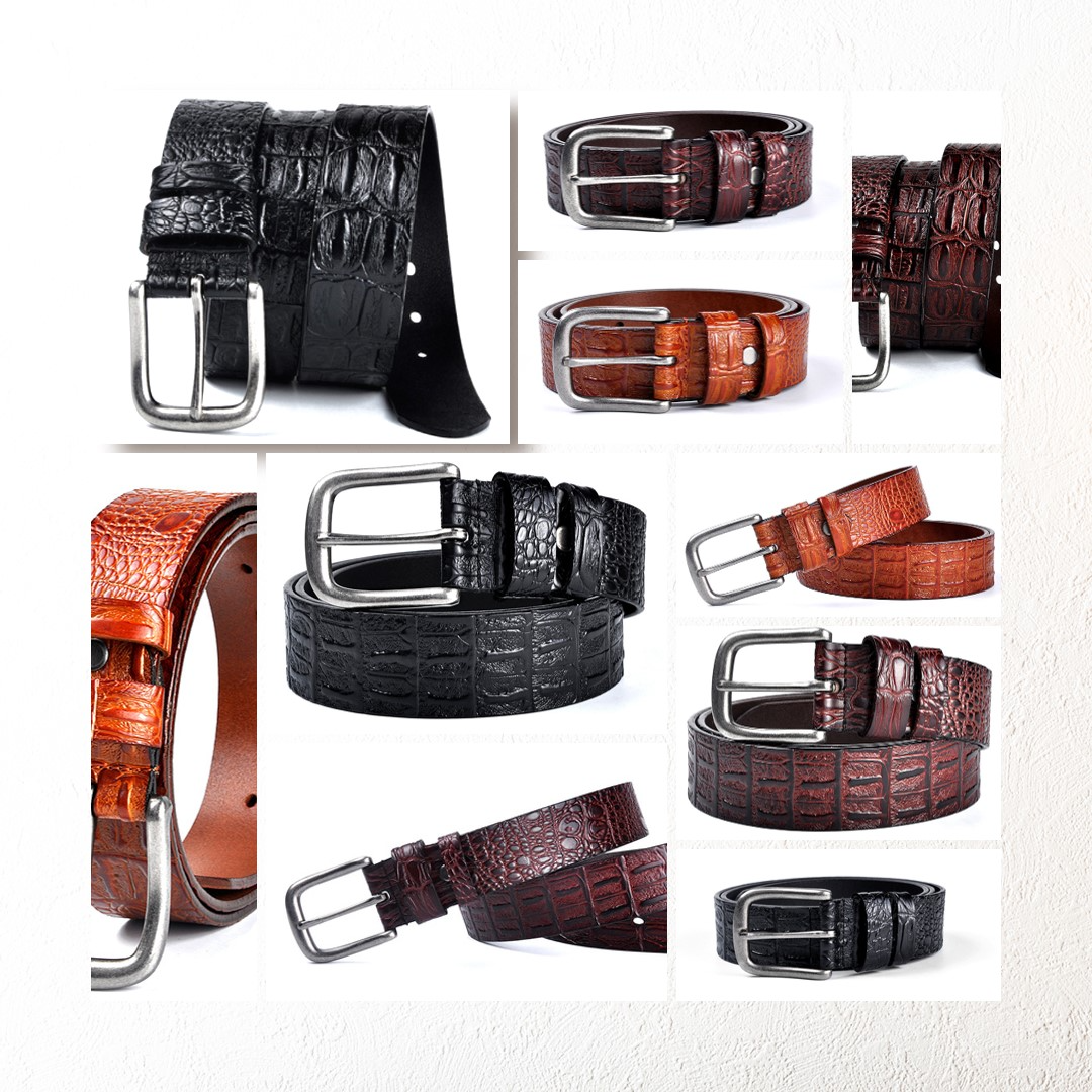 Black / 95 cm Men's Designer Belt with Crocodile Pattern - skyjackerz