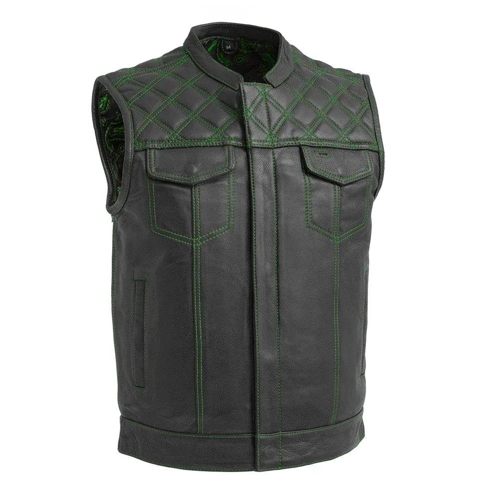 Black - Green / Small Downside Men's Club Style Leather Vest - skyjackerz