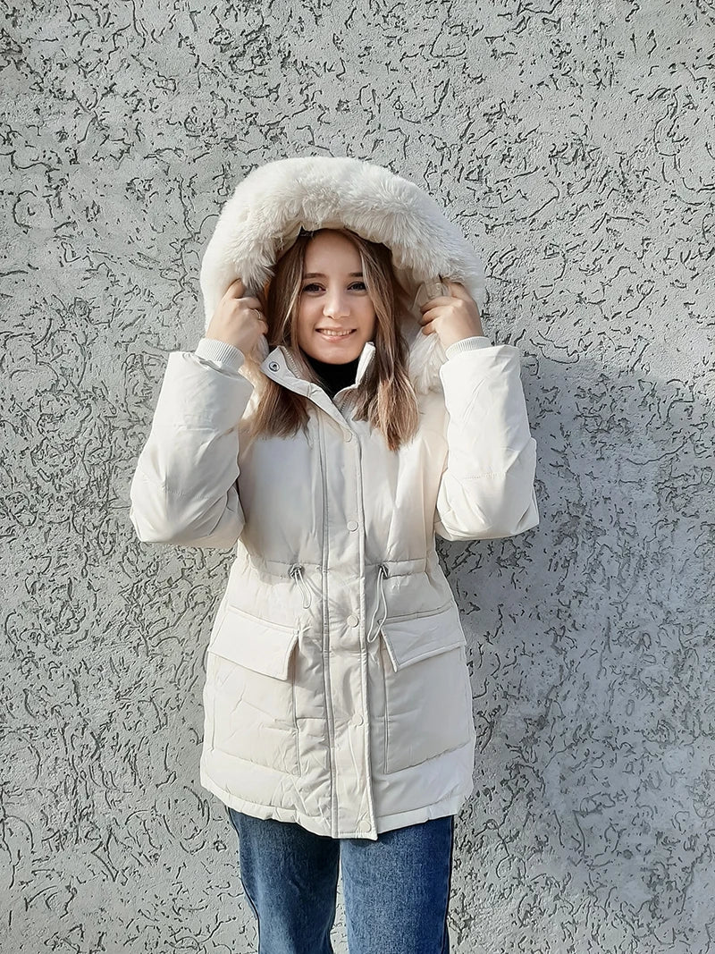 Beige / S Women Thick Warm Padded Fur Parka - skyjackerz