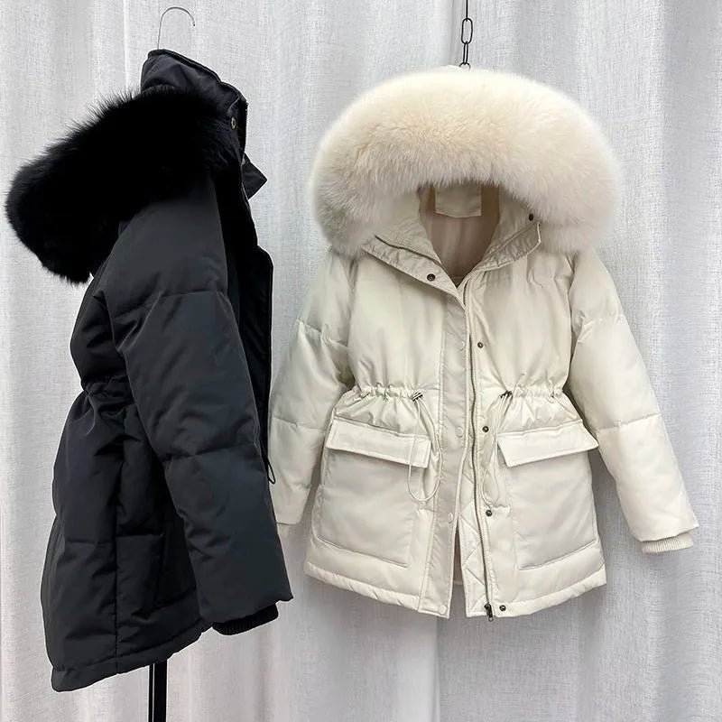 Beige / S Women Thick Warm Padded Fur Parka - skyjackerz