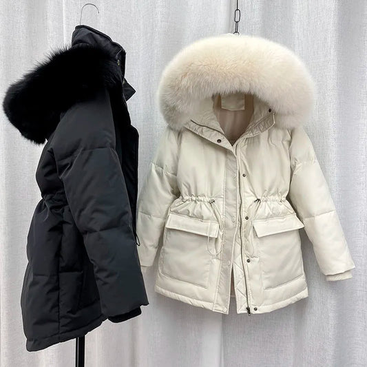 Beige / S Women Thick Warm Padded Fur Parka - skyjackerz