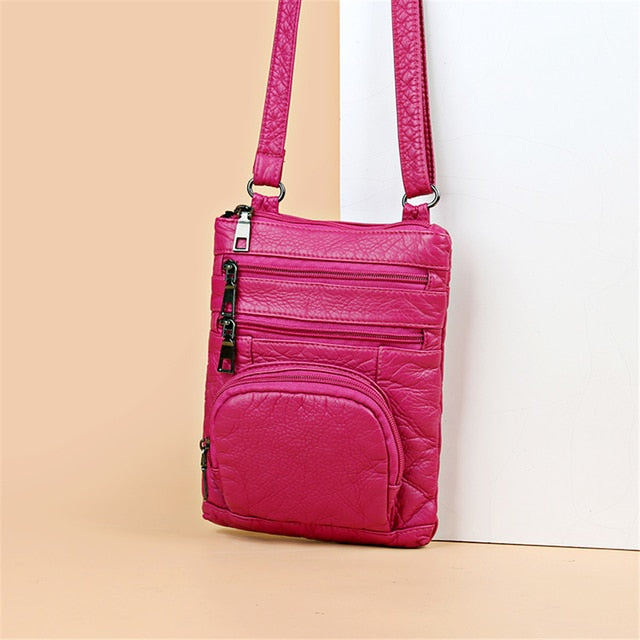 Rose red Women's Leather Shoulder Bag - Multi-Pockets Casual Handbag - skyjackerz