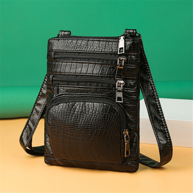 Black Women's Leather Shoulder Bag - Multi-Pockets Casual Handbag - skyjackerz