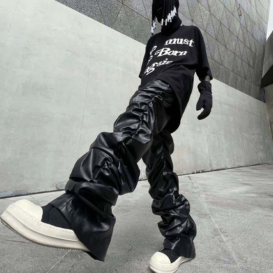 Black / S Men's Motorcycle Pleated Leather Pants - skyjackerz