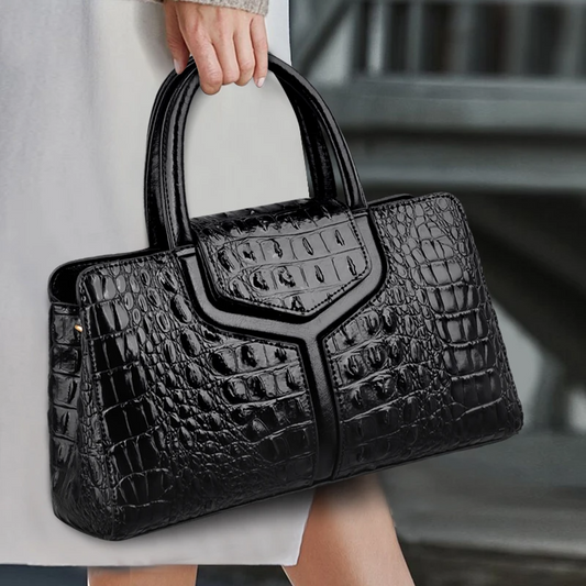 Black Women's Leather Tote Bag - Crocodile Pattern Crossbody - skyjackerz