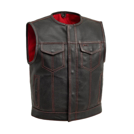Red / Small Lowside Men's Perforated Motorcycle Leather Vest - skyjackerz