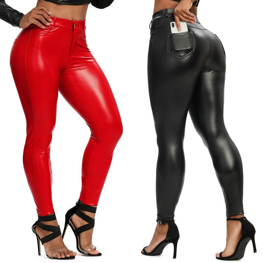 Women's Leather Yoga Pants With Pockets - skyjackerz