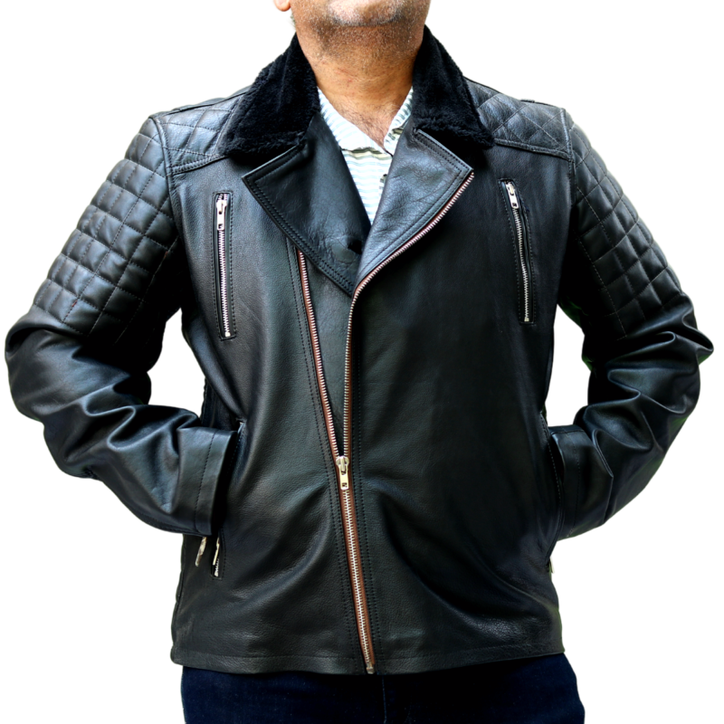 Medium Biker Black Furry Leather Jacket For Men - skyjackerz