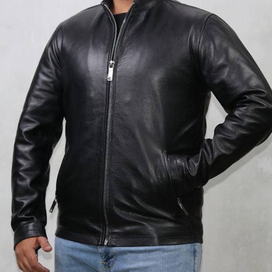 Medium Plain Shinny Black Leather Jacket For Men - skyjackerz