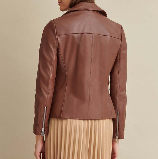 X Small Biker Brown Leather Jacket For Women - skyjackerz