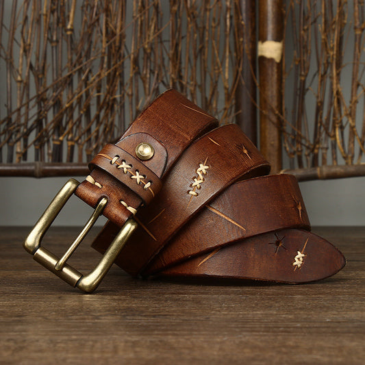 Khaki / 105 cm Men's Vintage Luxury Designer Leather Belt - skyjackerz