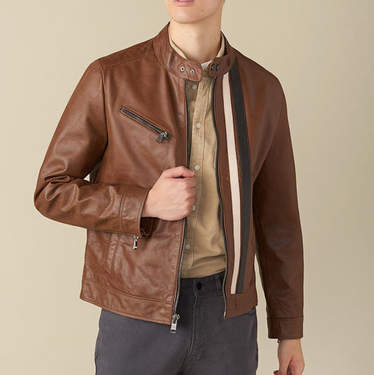 Adam Stripe Biker Brown Leather Jacket For Men - skyjackerz