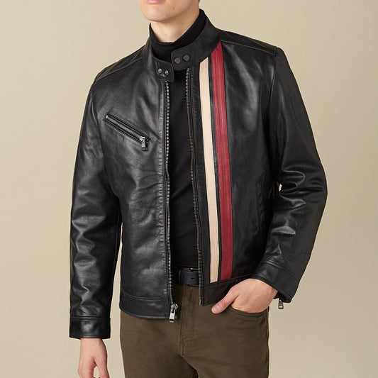 Adam Stripe Biker Black Leather Jacket For Men - skyjackerz