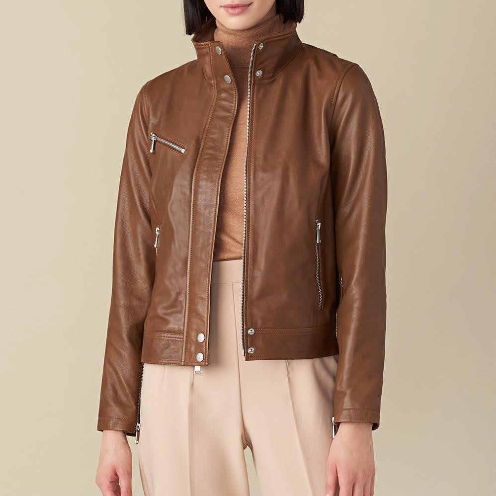 Olivia Brown Biker Leather Jacket For Women - skyjackerz