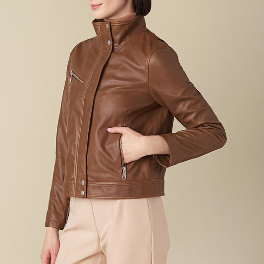X Small Olivia Brown Biker Leather Jacket For Women - skyjackerz
