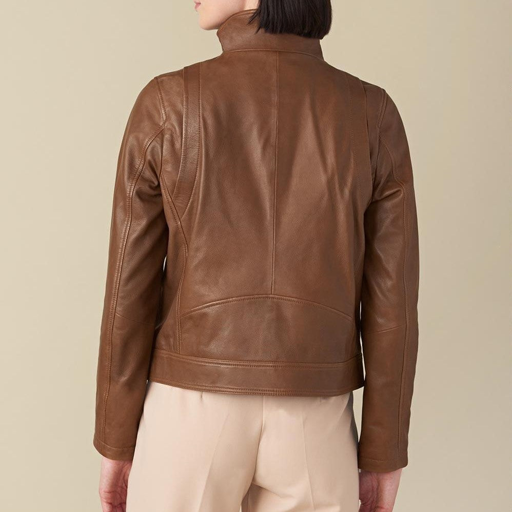 X Small Olivia Brown Biker Leather Jacket For Women - skyjackerz