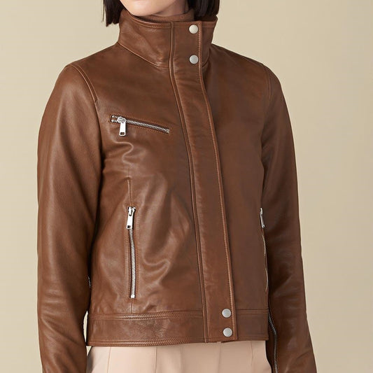 Olivia Brown Biker Leather Jacket For Women - skyjackerz