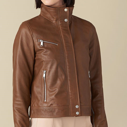 X Small Olivia Brown Biker Leather Jacket For Women - skyjackerz
