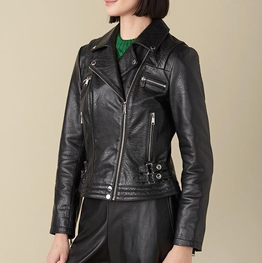 X Small Brandy Black Biker Jacket For Women - skyjackerz