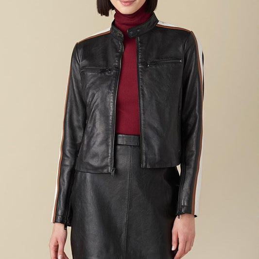 X Small Melissa Stripe Black Leather Jacket For Women - skyjackerz
