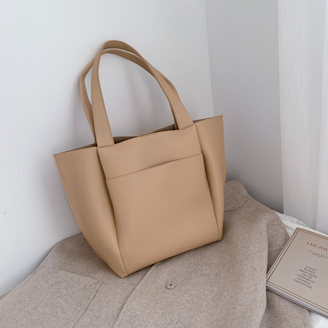 Beige Women's Leather Shoulder Bag - Classic Plain Handbag - skyjackerz
