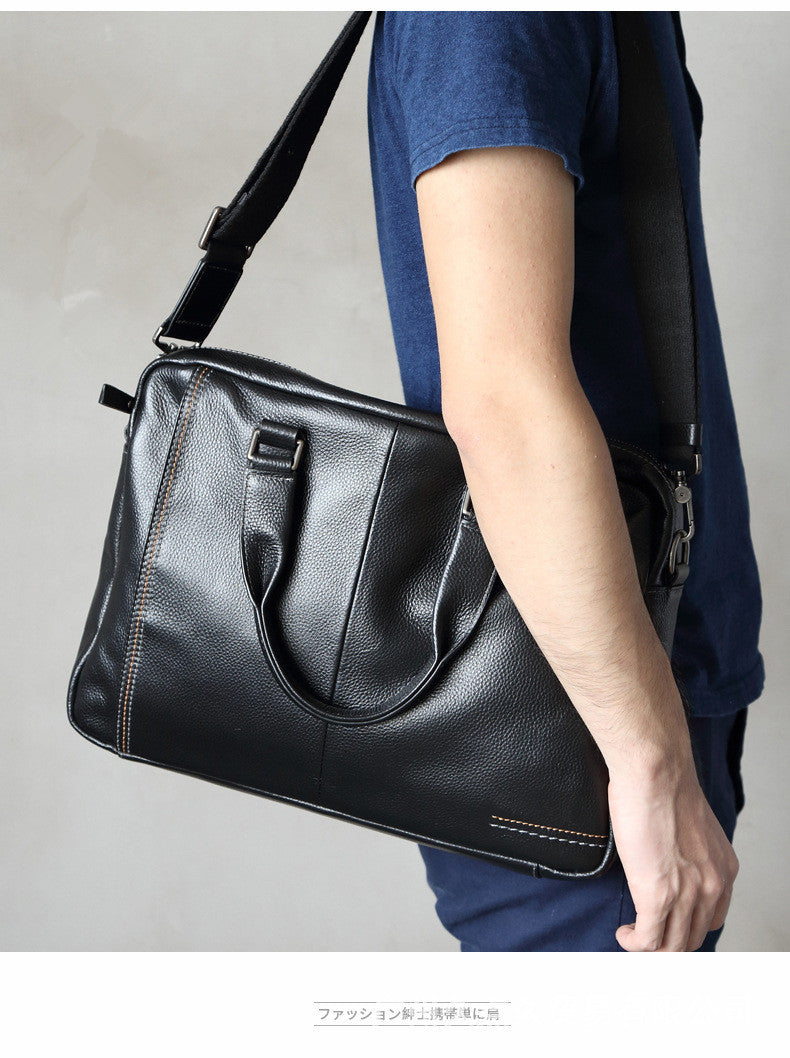 Default Title Plain Black Leather Laptop Bag For Men - skyjackerz