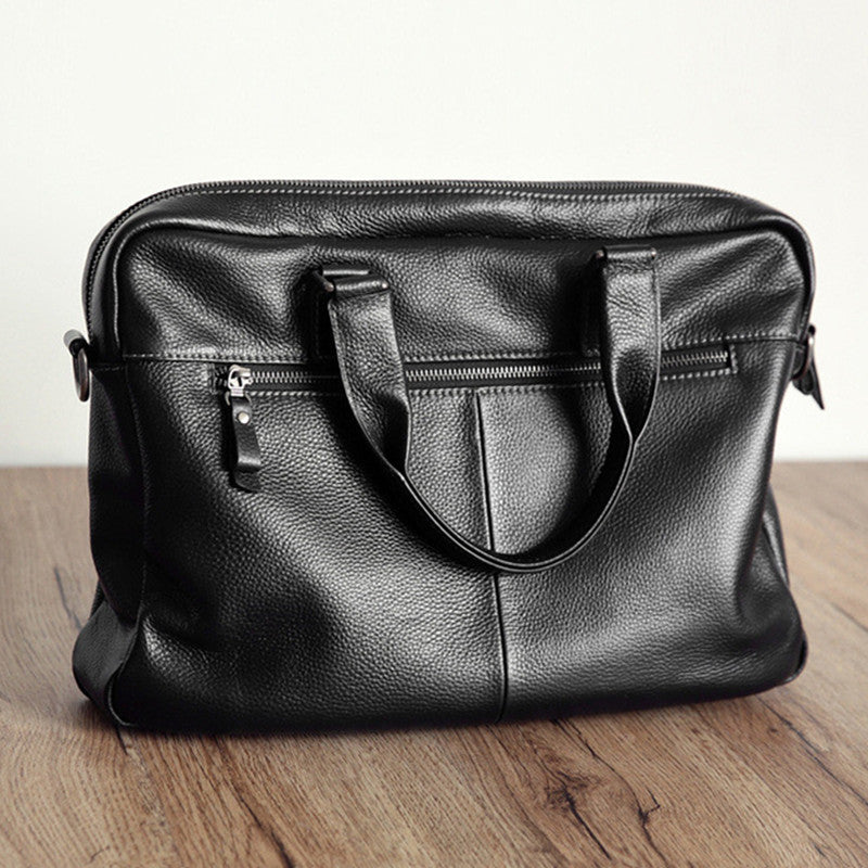 Default Title Plain Black Leather Laptop Bag For Men - skyjackerz