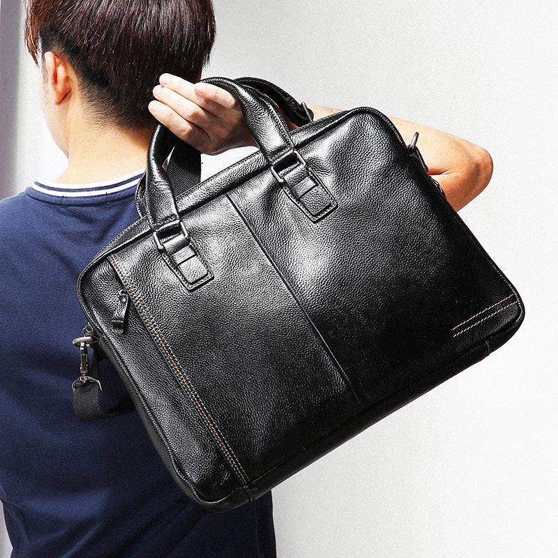 Default Title Plain Black Leather Laptop Bag For Men - skyjackerz
