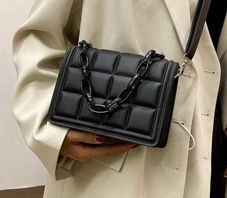 Black Women's Leather Crossbody Purse - Plaid Design Handbag - skyjackerz