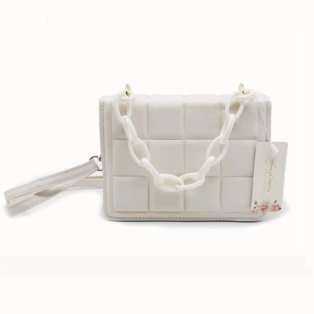Beige White Women's Leather Crossbody Purse - Plaid Design Handbag - skyjackerz