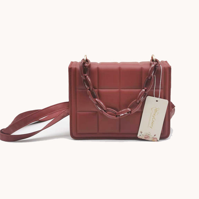 Burgundy Women's Leather Crossbody Purse - Plaid Design Handbag - skyjackerz