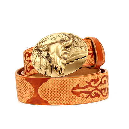 Coffee / 105 cm Ethnic Style Men's Leather Belt for Jeans - skyjackerz