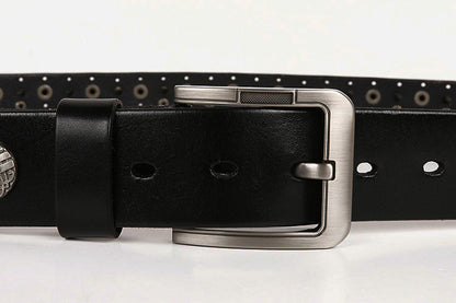 Black / 105 cm Men's Metal Rivet Cowboy Leather Belt - skyjackerz