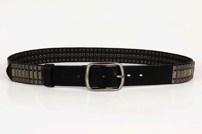 Black / 105 cm Men's Heavy Metal Rivet Leather Belt - skyjackerz