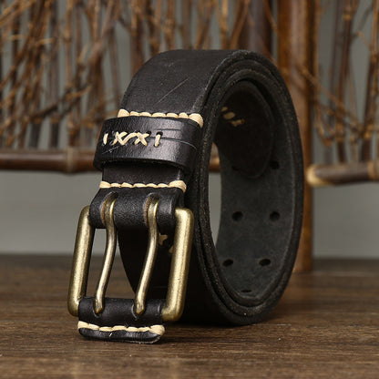 Brown / 105 cm Men's Exquisite Brass Buckle Leather Belt - skyjackerz
