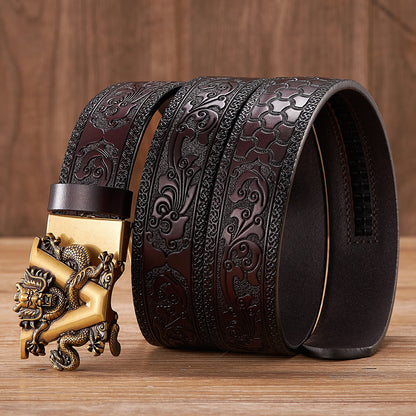 Golden V Black / 100 cm Men's Automatic Leather Belt with Dragon Alloy Buckle - skyjackerz