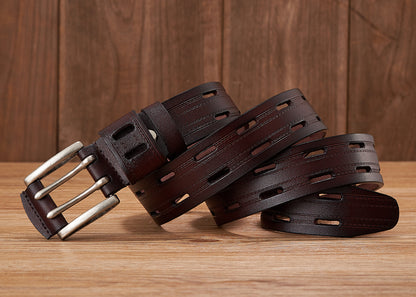 Black - 3.8 cm / 105 cm Men's Fancy Leather Belt with Double Pin Buckle - skyjackerz