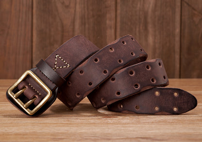 Khaki / 105 cm Men's Handmade Leather Belt with Stap Buckle - skyjackerz