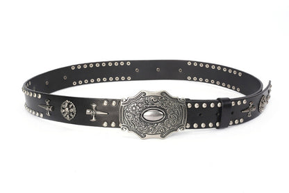 Black / 105 cm Men's Vintage Punk Style Leather Belt - skyjackerz