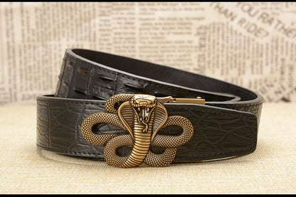 Gold - Black / 105 cm Designer Automatic Leather Belt for Men - Cobra Buckle - skyjackerz