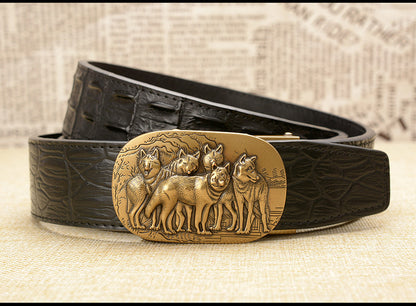Gold - Black / 105 cm Luxury Automatic Leather Belt for Men - Wolf Pack Design - skyjackerz