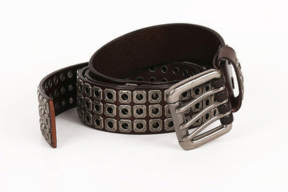 Black / 100 cm Cross Rivet Cowboy Leather Belt for Men - skyjackerz