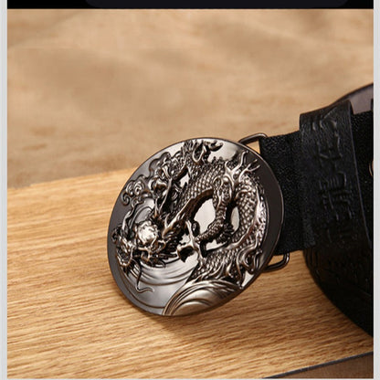Black Buckle - Black / 100 cm Handmade Leather Belt for Men - Chinese Dragon Design - skyjackerz