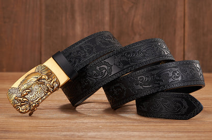 Gold - Black / 100 cm Men's Automatic Leather Belt with Eagle Alloy Buckle - skyjackerz